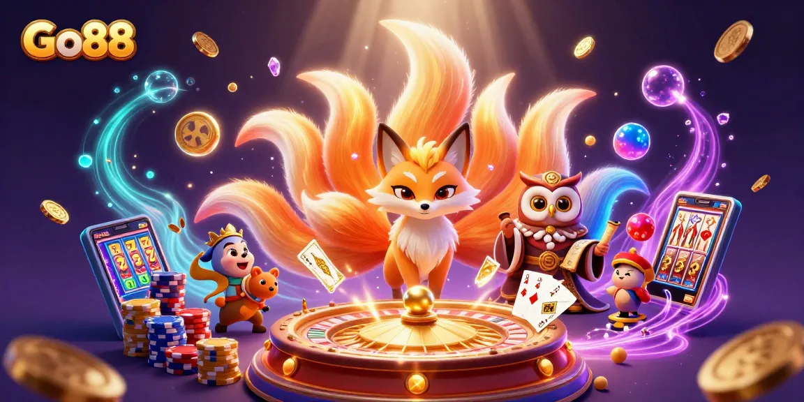Experience Go88's vibrant casino world with a nine-tailed fox and enchanting owl, amidst dazzling gaming elements.