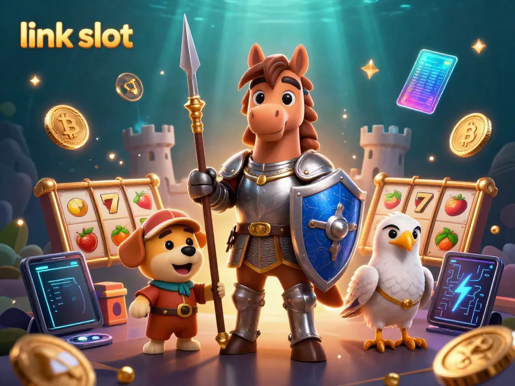 Play your favorite link slot games with fortune symbols and dynamic characters in a vibrant scene.