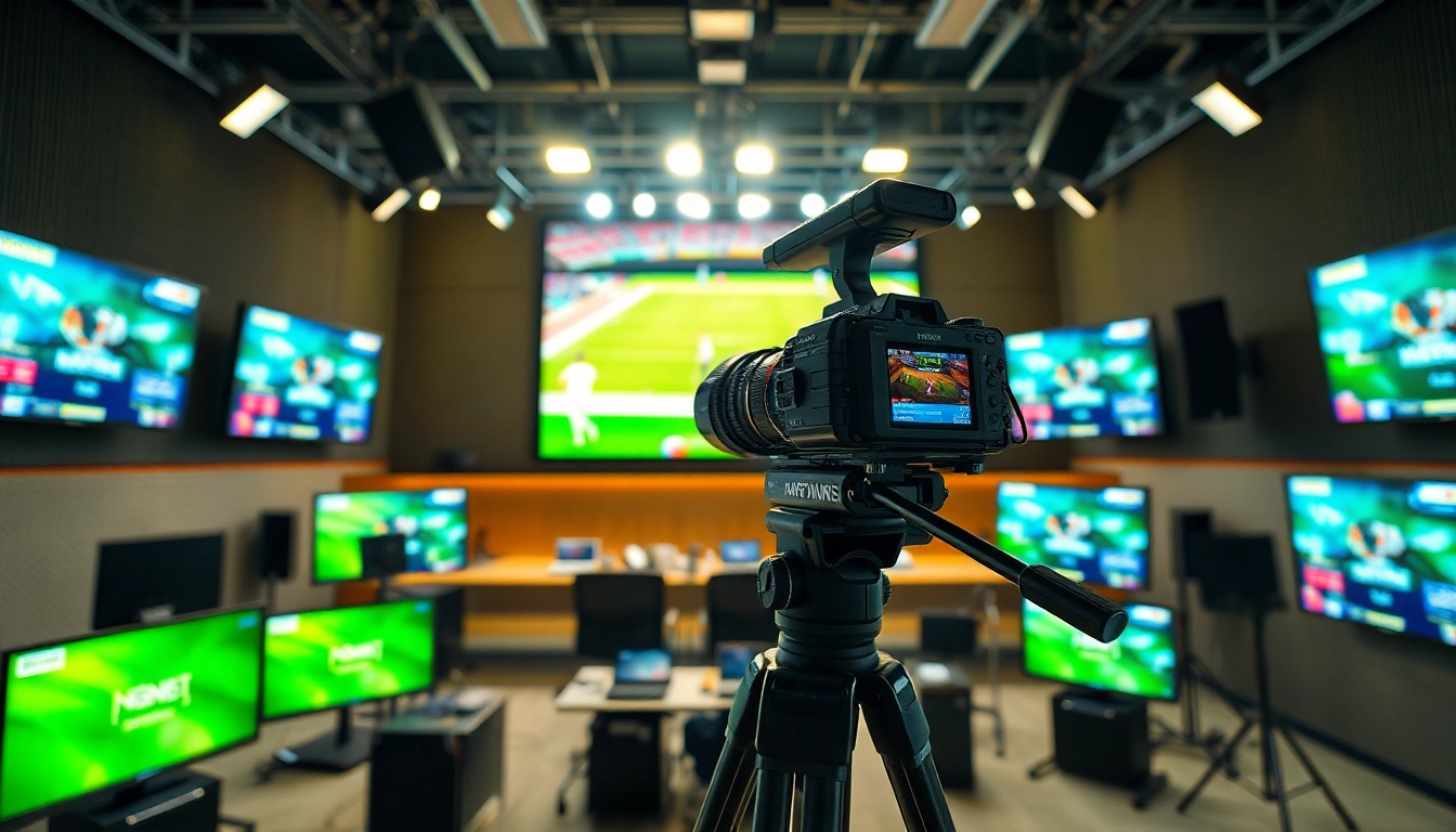 Sports Broadcasting setup showcasing live event coverage with high-tech equipment and screens.