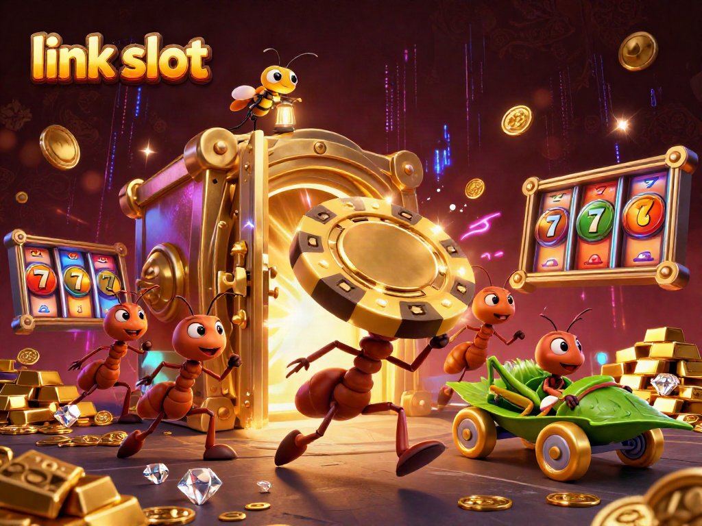 Play exciting casino games with link slot as ants carry a giant poker chip in a vibrant scene.