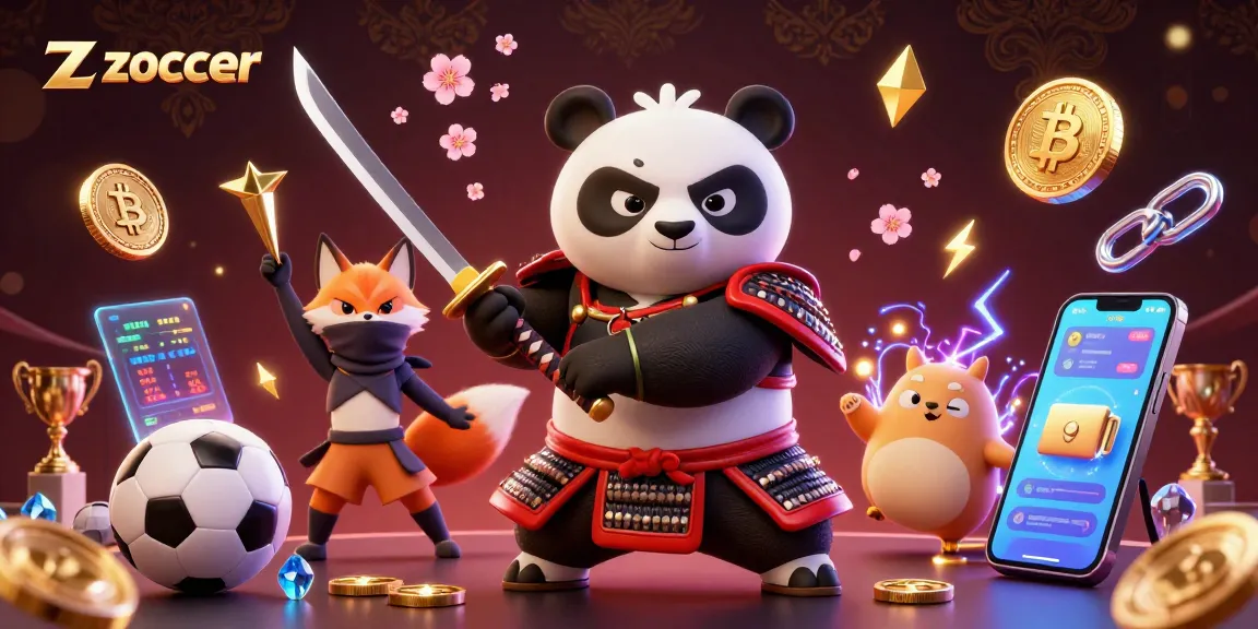 Zoccer scene featuring a samurai panda and ninja fox engaging in action surrounded by dynamic sports betting elements and crypto coins.