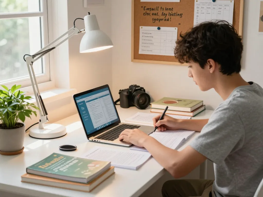 Hausaufgaben Löser online, der einem Studenten in einer hellen Lernumgebung hilft.