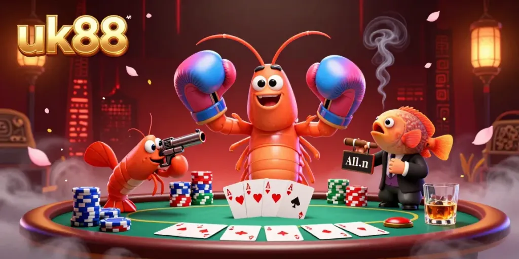 Experience thrilling poker action with the uk88 mantis shrimp, a fierce sidekick, and colorful poker chips!