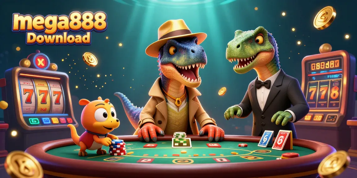 Mega888 download offers thrilling gameplay, featuring slot reels, vibrant characters, and dynamic casino elements.