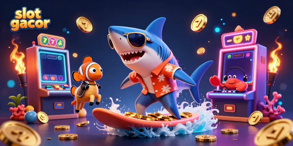 Experience thrilling slot gacor action with playful characters riding waves of gold coins in this vibrant illustration.