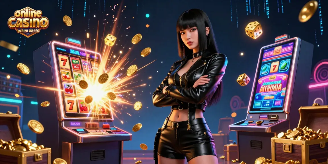 Engaging scene of online casino ohne oasis featuring a stunning Asian woman amidst vibrant slot machines and casino elements.