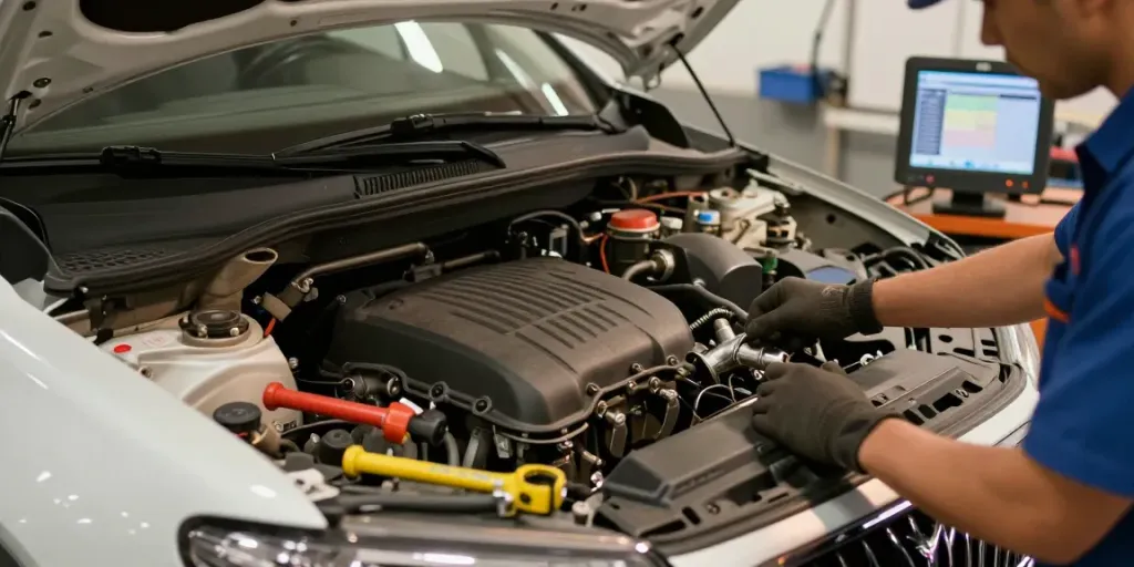 Mechaniker führt DPF-Regeneration an einem Dieselfahrzeug durch, Werkzeug und Diagnosegeräte sichtbar.
