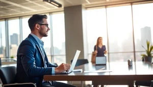 Headhunter Schweiz berät Kunden in einem modernen Büro mit Stadtblick.