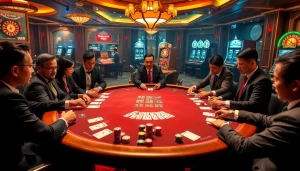 Players engage in high-stakes poker in a thrilling gamebaidoithuong casino setting.
