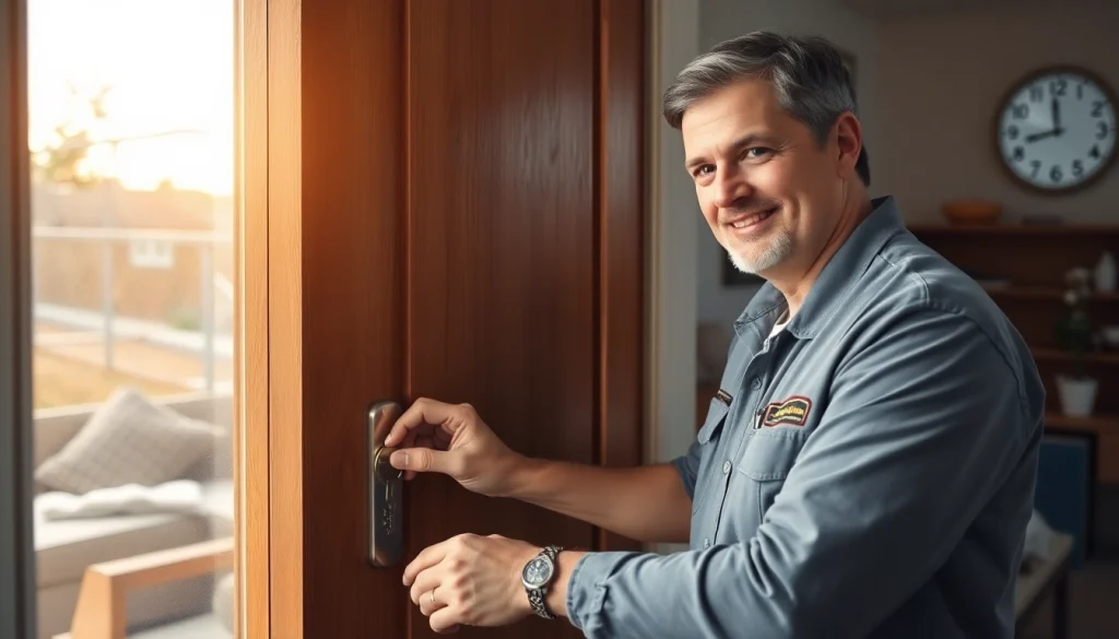 Schlüsseldienst Heilbronn: Professioneller Schlüsseldienst öffnet behutsam eine Tür und bietet 24/7-Service sowie Vertrauen.