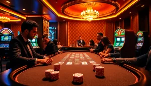 Players enjoy a thrilling MMOO poker game at a luxurious casino table.